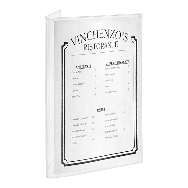 A clear, double-panel menu cover displaying a restaurant menu with black text and a decorative border.