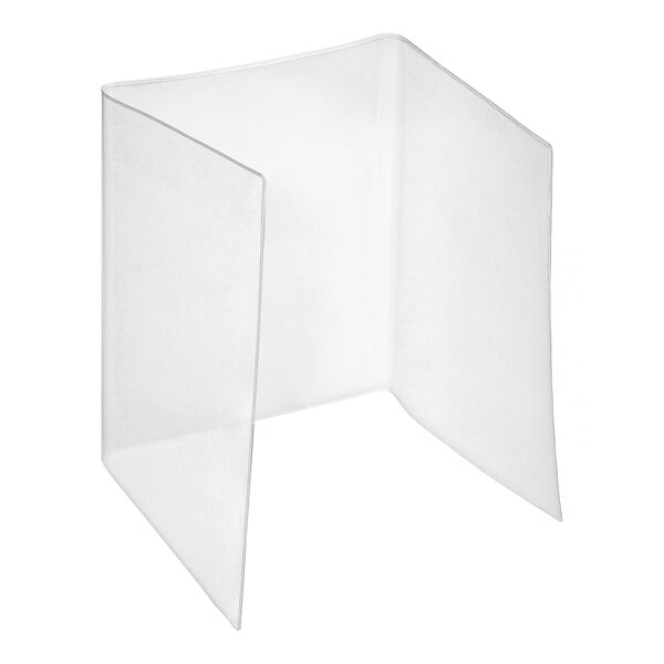 A clear, three-panel, trifold plastic cover standing upright with visible seams along the folds.