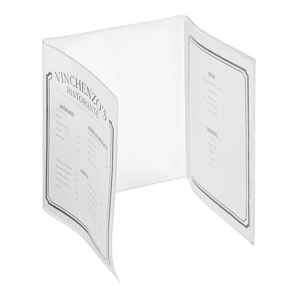 A clear trifold menu cover displaying printed menu pages inside.