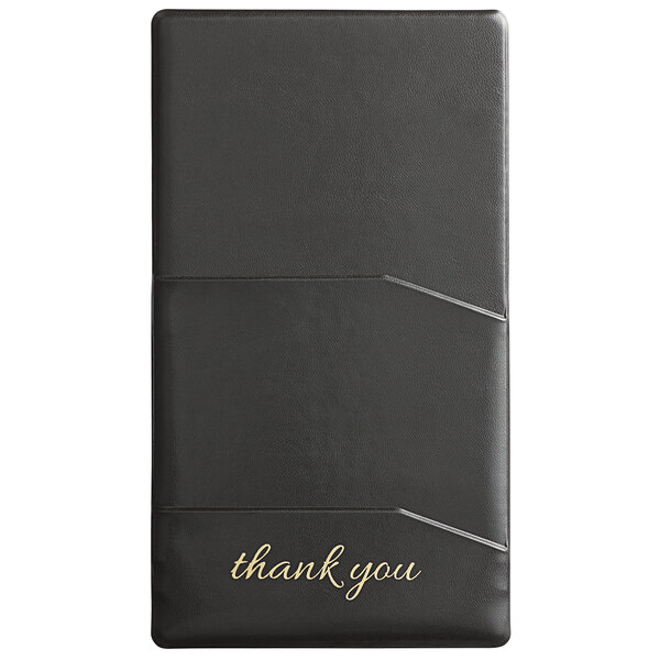 A black, rectangular, padded item with two diagonal pockets and the words 'thank you' written in gold script at the bottom.