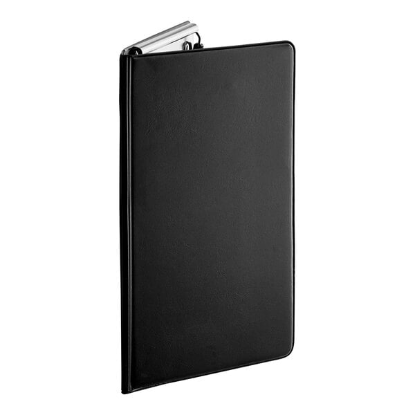 A black, rectangular, vinyl-like folder with a metal clip at the top, shown standing upright.