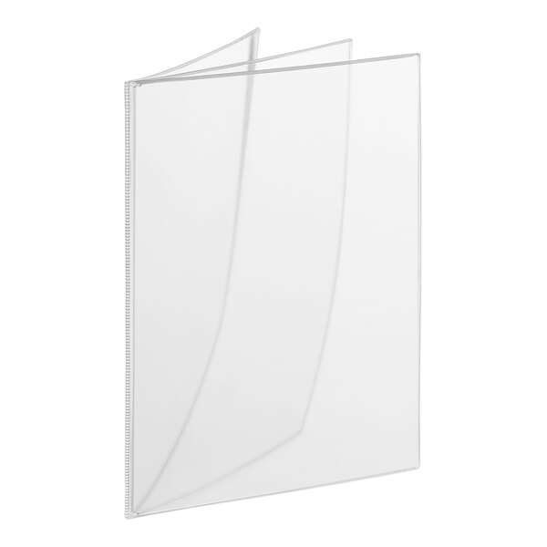 A clear, triple-panel booklet with six visible views, designed to hold and display documents or menus.