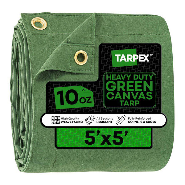 A folded green canvas tarp with metal grommets and a label indicating it is a heavy-duty, 5'x5', 10 oz, weather-resistant tarp.
