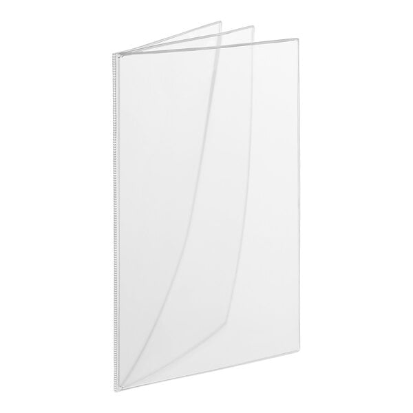 A clear, triple-panel booklet with visible heat-sealed edges, standing upright and partially open.
