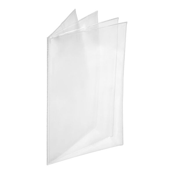 A clear, multi-panel plastic sleeve with four visible pages, likely used for displaying documents or menus.