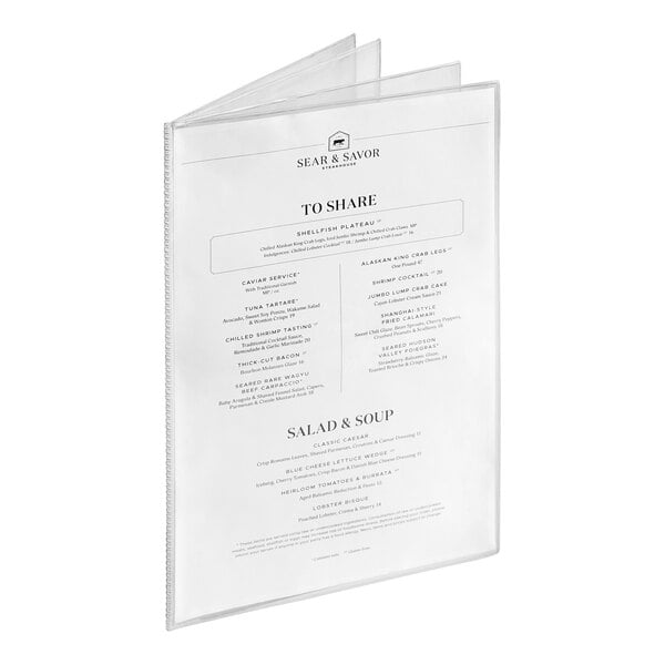 A clear, multi-panel menu cover displaying a printed menu inside.