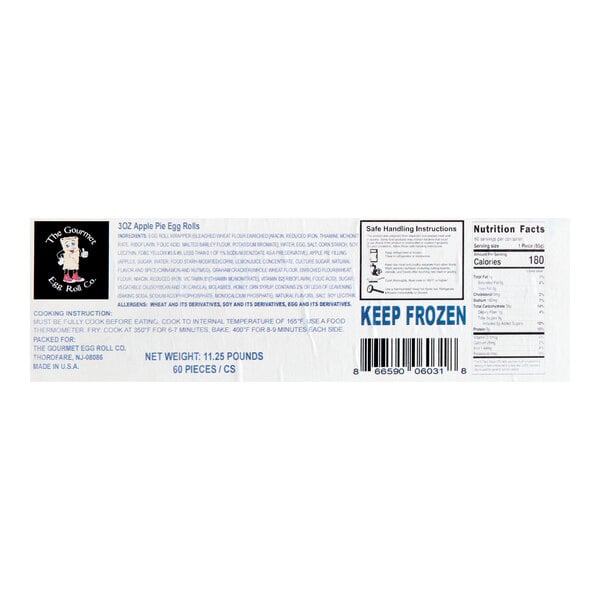 A product label featuring cooking instructions, nutrition facts, a barcode, and the text 'KEEP FROZEN' for apple pie egg rolls.