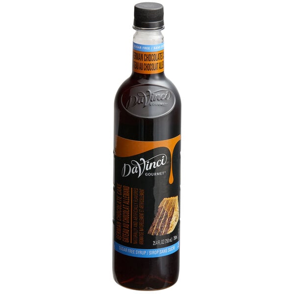 A bottle of DaVinci Gourmet syrup labeled as sugar-free German chocolate cake flavor, with a dark liquid inside and a black cap.