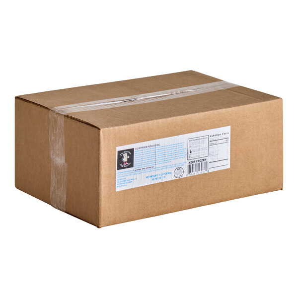 A sealed brown cardboard box with a white product label on the side.