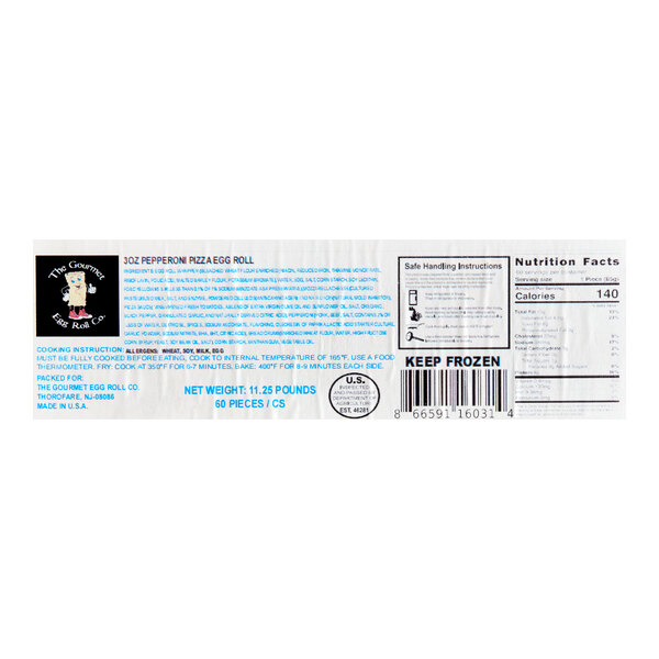 A product label for pepperoni pizza egg rolls, showing ingredients, cooking instructions, nutrition facts, and a barcode.