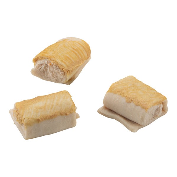 Three rectangular, golden-brown baked pastries with a flaky top and a light, doughy base are shown on a white background.