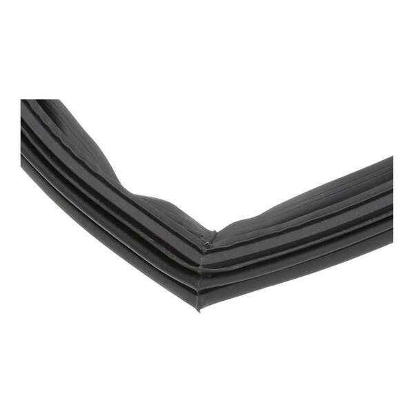 A close-up view of a black, grooved rubber gasket with a right-angle corner.