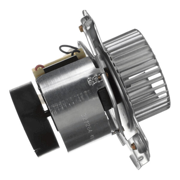 A metallic motor assembly with a cylindrical fan and mounting bracket, featuring electrical wiring and components.