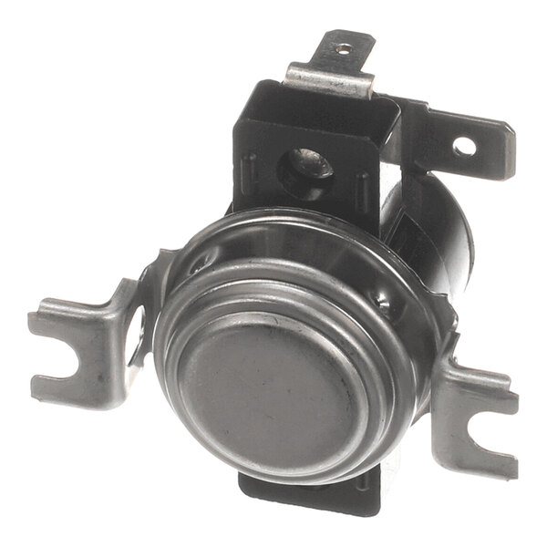 A metallic component with a round, domed center and two flat, forked mounting tabs on either side.