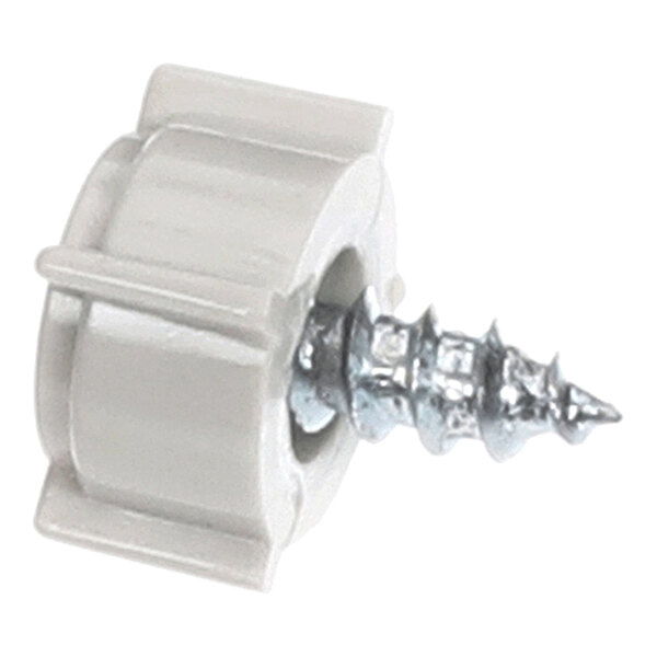 A metal screw partially inserted into a round, white plastic knob.