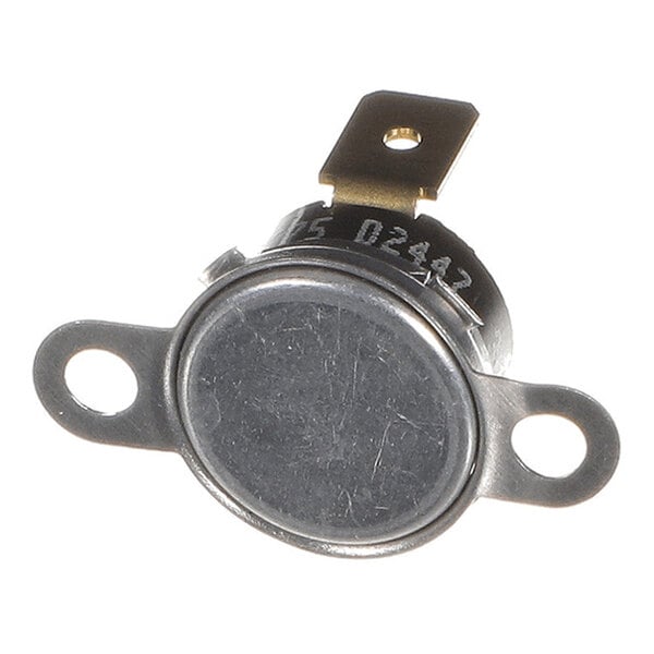 A small, round metallic component with two mounting holes and a single brass terminal tab.
