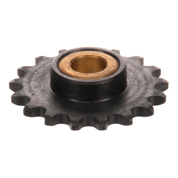 A black gear with evenly spaced teeth and a brass-colored central bushing.