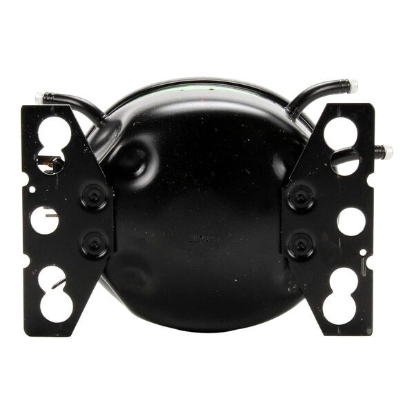 A black, cylindrical metal component with two mounting brackets and several pipe connections, likely part of a refrigeration or cooling system.