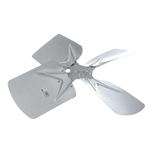 A four-blade metallic fan with a central mounting hub, featuring two rectangular and two rounded blades.