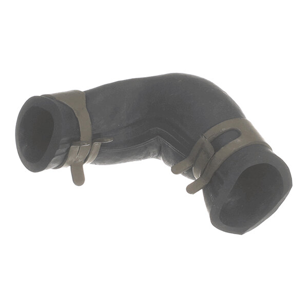 A black, L-shaped rubber hose with two metal clamps attached at each end.