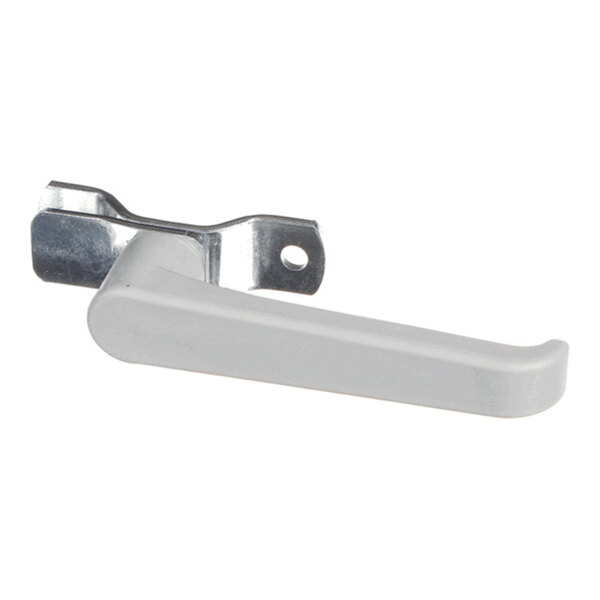 A metal and plastic handle with a mounting bracket and a hole for attachment, likely used for an access door.