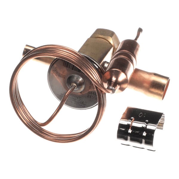A metallic valve assembly with a coiled copper tube and a separate small metal clamp, shown against a white background.
