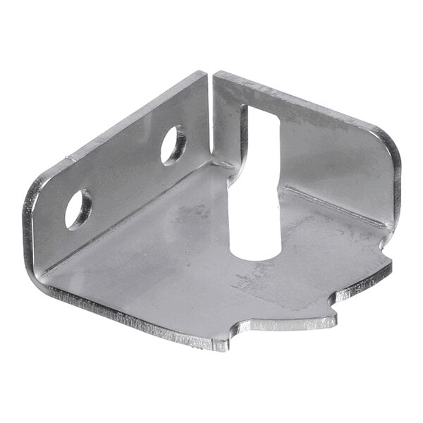 A metal bracket with two mounting holes and a slotted opening, featuring a right-angle design.