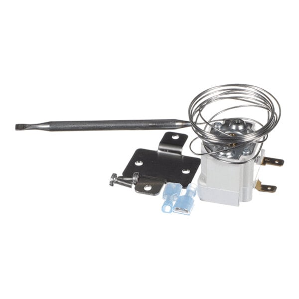 A metal thermostat service kit with a coiled sensor wire, mounting bracket, screws, and electrical connectors.