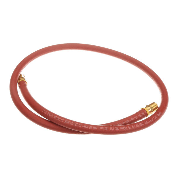 A red flexible hose with brass fittings on both ends, coiled in a circular shape.