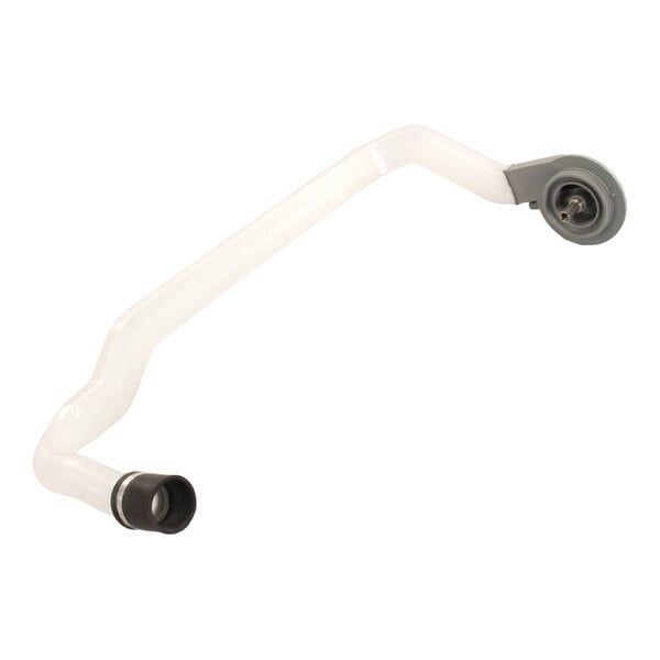 A white, angular plastic tube with black and gray fittings on each end, shown against a plain background.