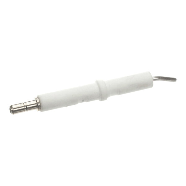 A cylindrical white component with a metal tip and a bent metal rod at one end, resembling an electrode or spark plug.