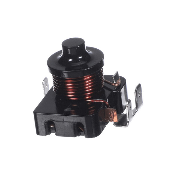 A small electrical relay with a black plastic body, copper coil, and metal terminals.