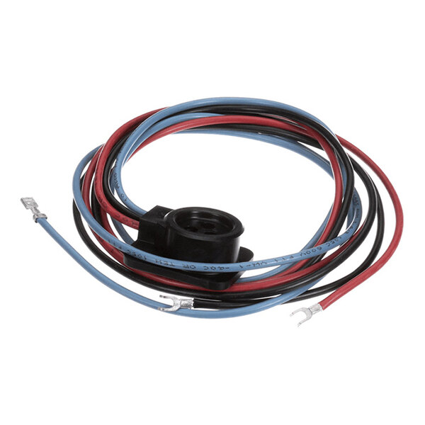 A coiled set of red, blue, and black electrical wires with a black plastic connector and metal fork terminals at the ends.