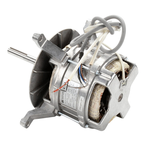 A metallic electric motor with exposed wiring and mounting brackets, featuring a cylindrical body and a protruding shaft.