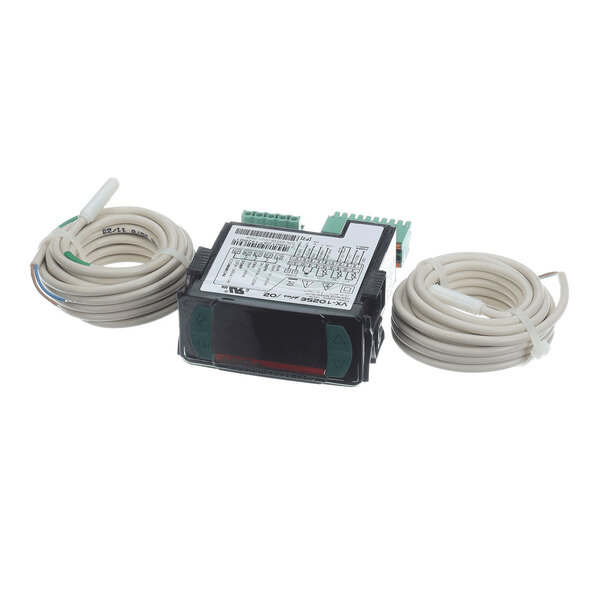 A digital control unit with a display screen and two coiled sensor cables attached.