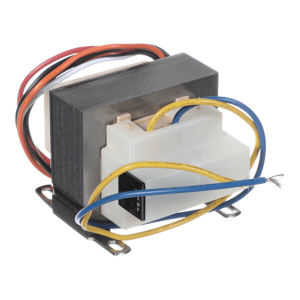 A metal-cased electrical transformer with multiple colored wires attached and mounting brackets on the base.