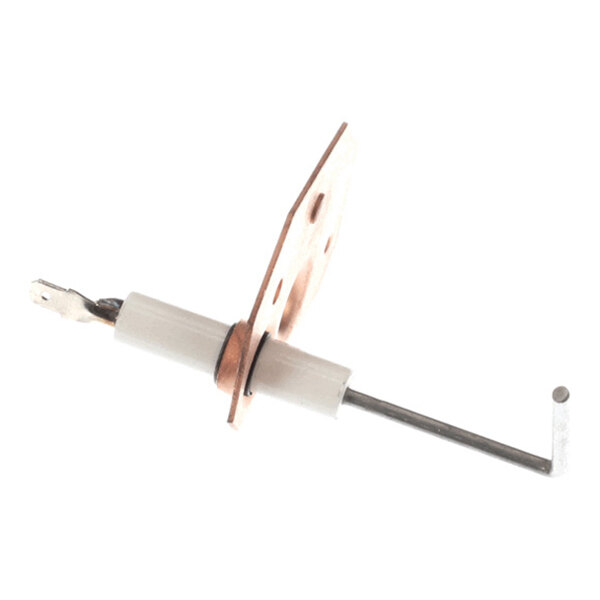 A metal rod with a ceramic insulator and a mounting bracket, likely used as a sensor or probe component.