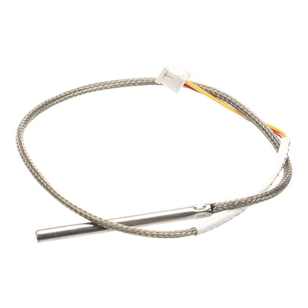 A metal probe attached to a braided cable with a connector and colored wires.
