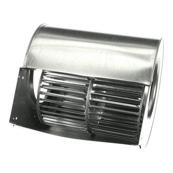 A metal blower housing assembly with a visible cylindrical fan wheel inside.