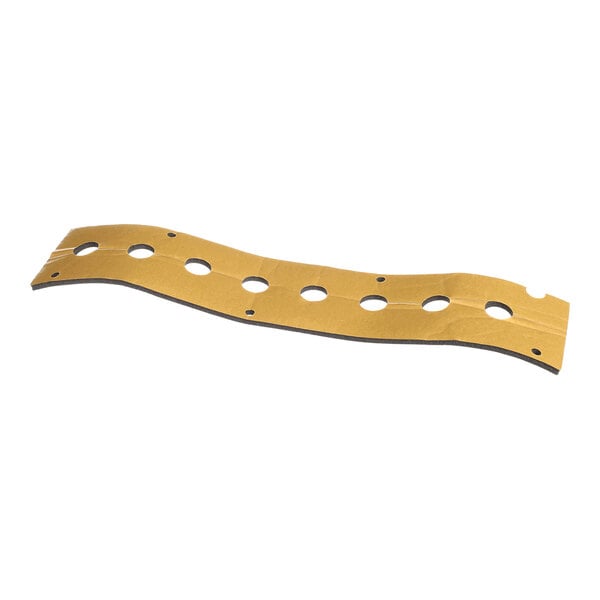 A wavy, rectangular gasket with several evenly spaced circular holes and a brown surface.