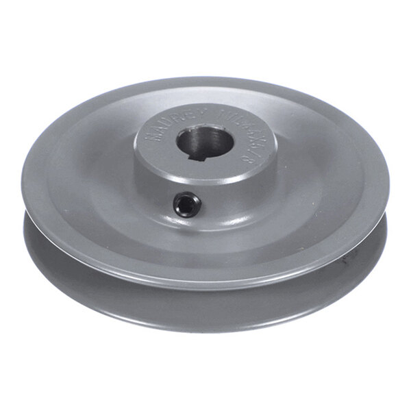 A metal pulley with a central hub and a groove around its circumference, designed for use with a belt drive system.