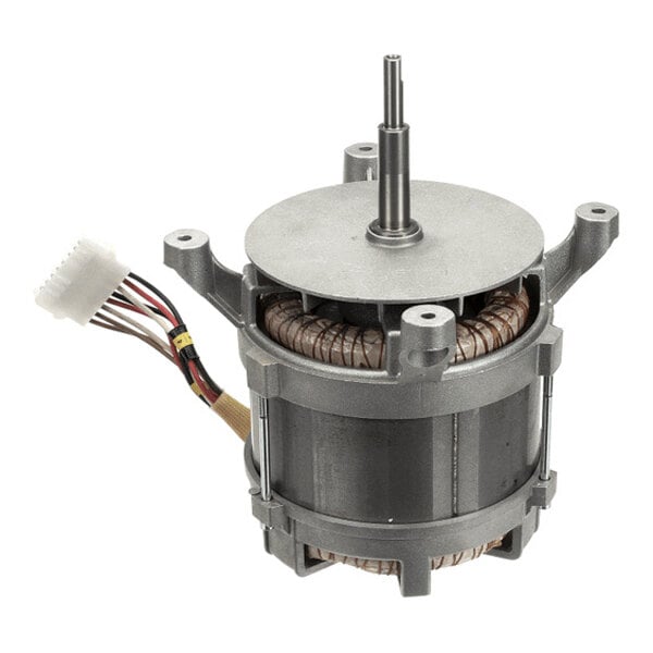 A cylindrical electric motor with exposed copper windings, a central shaft, mounting brackets, and a bundle of colored wires ending in a white connector.