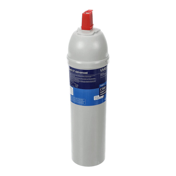 A cylindrical gray cartridge with a blue label and a red cap on top, standing upright against a white background.