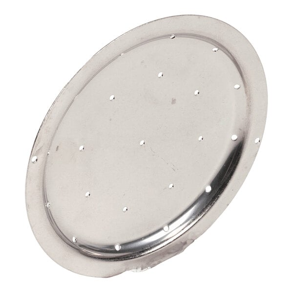 A round, metallic disc with 21 small holes evenly distributed across its surface.