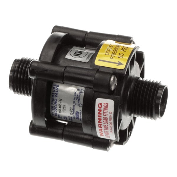 A black cylindrical pressure valve with threaded male connectors on both ends, featuring warning and specification labels.