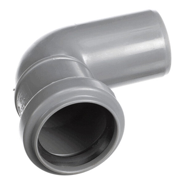A gray plastic elbow pipe fitting with a smooth surface and a 90-degree bend.