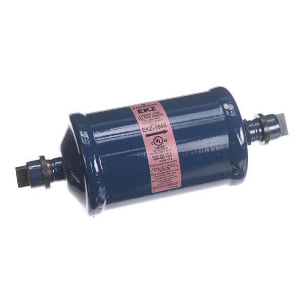 A cylindrical blue metal component with a label and two threaded connectors on each end, likely used in HVAC or refrigeration systems.