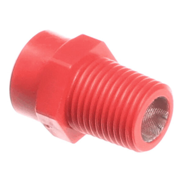 A red, threaded nozzle with a hexagonal base and a mesh screen inside the opening.