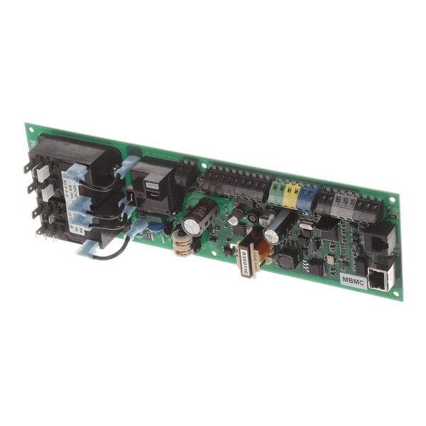 A rectangular electronic circuit board with various components including capacitors, connectors, relays, and integrated circuits mounted on it.