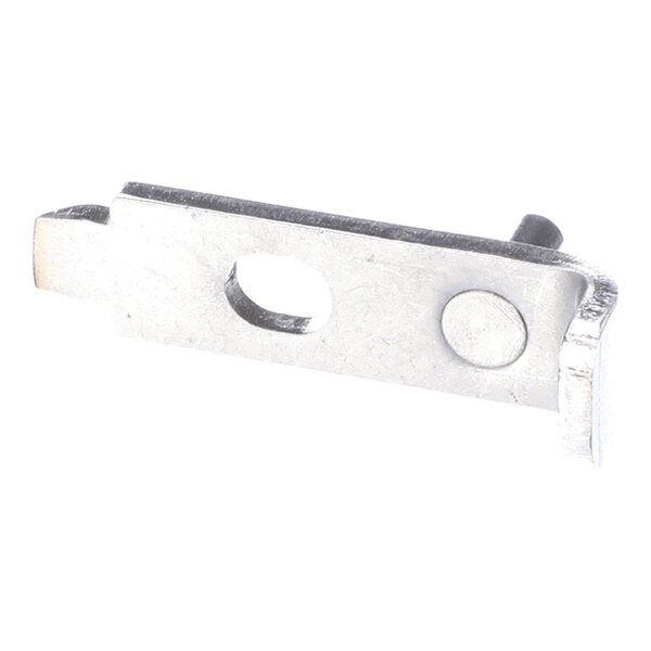 A small metallic component with a rectangular shape, a circular hole, and a protruding pin.